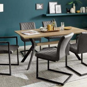 ModaNuvo Industrial 6 Seater Dining Set Metal Oak Table & Grey Vintage Leather Dining Chairs