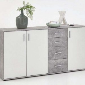 SlumberHaus Urban 3 Door 4 Draw White & Grey Stone Concrete Sideboard Cabinet Unit1