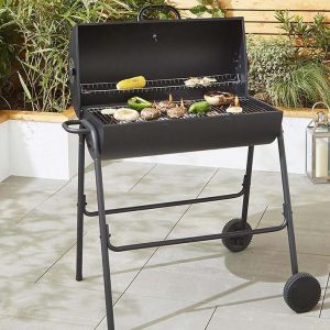 stylish black steel oil drum style charcoal BBQ with a hinged lid1
