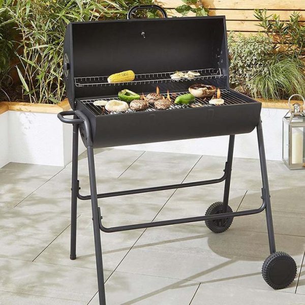 Black Steel Oil Drum Charcoal BBQ with Lid & Wheels - Lodge Furniture UK