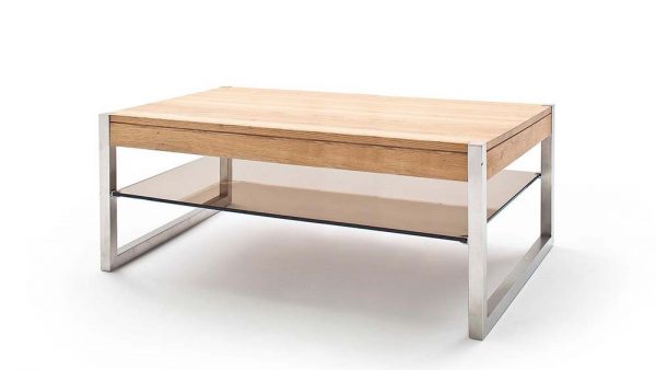 ModaNuvo 'Migel' Modern Solid Oak Coffee Table Glass Shelf Stainless Steel Metal Legs 2
