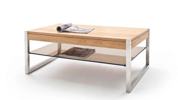 ModaNuvo 'Migel' Modern Solid Oak Coffee Table Glass Shelf Stainless Steel Metal Legs 1