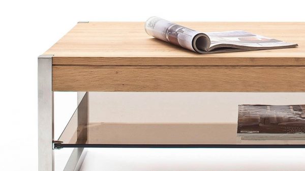 ModaNuvo 'Migel' Modern Solid Oak Coffee Table Glass Shelf Stainless Steel Metal Legs 5
